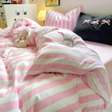 Boxtoday Korean Bedding Set INS Girls Striped  Soft Washed Cotton Bed Sheet Set Queen King Size Comforter Set Pillowcase Bed Linens