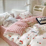 Boxtoday Kawaii Cherry Duvet Cover Set Pillowcase Flat Sheet Floral Boys Girls Twin Full Size Soft Bedding Kit Korean Ins Style Home Use