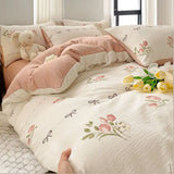 Boxtoday Pastoral Style Duvet Set Bedding Set Small Floral Duvet Cover Warm Thickened Washed Cotton Bedclothes and Bed Sheet Pillowcase