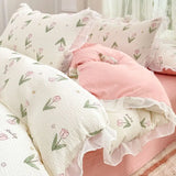 Boxtoday INS Princess Style Bedding Set Pink Tulip Flower Duvet Cover with Ruffle Lace Girls Bedroom Home Textiles Bed Sheet Pillowcases