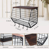 Boxtoday 2pcs Fruit Basket Kitchen Storage Wire Baskets with Wood Lid, Stackable Wall-Mounted Countertop Kitchen Counter Organizer