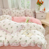 Boxtoday INS Princess Style Bedding Set Pink Tulip Flower Duvet Cover with Ruffle Lace Girls Bedroom Home Textiles Bed Sheet Pillowcases