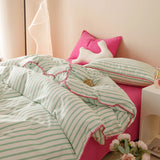 Boxtoday Striped Girls Flower Bedding Sets, Washed Cotton Bed Linens, Soft Quilt Cover Sheet Set, Simple Bedspread, Home Textiles