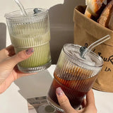 Boxtoday 450ml Transparent Glasses Stripe Glass Cup with Lid and Straw Ice Coffee Mug Tea Cup Drinkware Water Bottles Kitchen Accessories