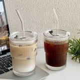 Boxtoday 450ml Transparent Glasses Stripe Glass Cup with Lid and Straw Ice Coffee Mug Tea Cup Drinkware Water Bottles Kitchen Accessories