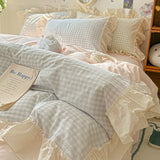 Boxtoday Korean Princess Style Bedding Set Soft Skin-friendly Lattice Lace Ruffles Quilt Cover Plaid Style Duvet Covers Set Pillowcases