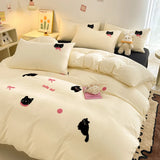 Boxtoday Korean Style Pink Bedding Set Black Cat Embroidery Washed Cotton  Duvet Cover Cute Cardboard  Bed linen Comforter Sets