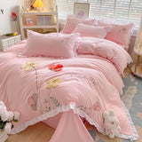 Boxtoday Ins Korean Style Bedding Set with Ruffles Princess Duvet Cover No Filling Flat Sheet Pillowcases Kit Girls Blue Pink Solid Color