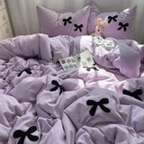 Boxtoday 2024 New Ins Style Purple Bedding Set Washed Cotton Black Bow Towel Embroidered Duvet Cover Girls Gift Bedclothes for 2.0m Bed