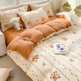 Boxtoday Korean Retro Floral Bedding Set 100% Washed Cotton Bed Sheets Set Soft Duvet Cover Bed Linen Pillowcase Single Double Queen King