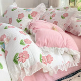 Boxtoday INS Princess Style Bedding Set Pink Tulip Flower Duvet Cover with Ruffle Lace Girls Bedroom Home Textiles Bed Sheet Pillowcases