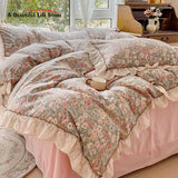 Boxtoday Small Floral Lace Ruffles Bedding Set for Girls, 100% Cotton, Simple Fresh, Queen Size Duvet Cover, Bed Sheet, Pillowcases, 4Pcs