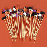 Boxtoday 50/100Pcs Halloween Disposable Fruit Skewer Pumpkin Ghost Fruit Fork Dessert Cocktail Cake Decoration Halloween Party Supplies