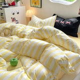 Boxtoday Korean Bedding Set INS Girls Striped  Soft Washed Cotton Bed Sheet Set Queen King Size Comforter Set Pillowcase Bed Linens