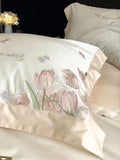 Boxtoday Elegant embroidery flower tulip pink blue beige beding set,full queen king cotton home textile bed sheet pillow case duvet cover