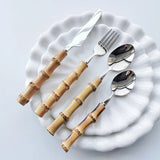 Boxtoday 16/24/32Pcs Dinnerware Sets Original Nature Bamboo Handle Stainless Steel Cutlery Fork Spoon Home Kitchen Tableware Cutleri