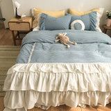 Boxtoday -100% Yarn-Dyed Washed Cotton Princess Girl Bedding Set White Ruffle Splice Cake skirt design Duvet Cover Bed Skirt Pillowcases