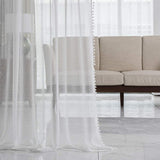 Boxtoday  Linen Look Pom Pom Tasseled White Curtains Rod Pocket Voile Semi-Sheer Curtain Light Filter Bedroom Living Room Drape