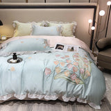 Boxtoday -Smooth Soft Ice Silk Lace Ruffles Princess Bedding Set Flower Embroidery Quilt Cover Set Bed Linen Pillow Shams Girl  Bedclothes