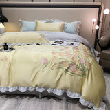 Boxtoday -Smooth Soft Ice Silk Lace Ruffles Princess Bedding Set Flower Embroidery Quilt Cover Set Bed Linen Pillow Shams Girl  Bedclothes