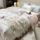 Boxtoday -Smooth Soft Ice Silk Lace Ruffles Princess Bedding Set Flower Embroidery Quilt Cover Set Bed Linen Pillow Shams Girl  Bedclothes