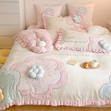 Boxtoday -Princess Style Winter Thickened Milk Fiber Four-Piece Girl's Heart Three-Dimensional Flower Quilt Cover Coral Fleece Bedding