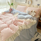 Boxtoday Kawaii Pastel Plaid Ruffle Bedding Set