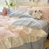 Boxtoday Kawaii Pastel Plaid Ruffle Bedding Set