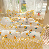 Boxtoday Yellow Flowers Kawaii Checkered Bedding Set