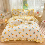 Boxtoday Yellow Flowers Kawaii Checkered Bedding Set