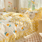 Boxtoday Yellow Flowers Kawaii Checkered Bedding Set